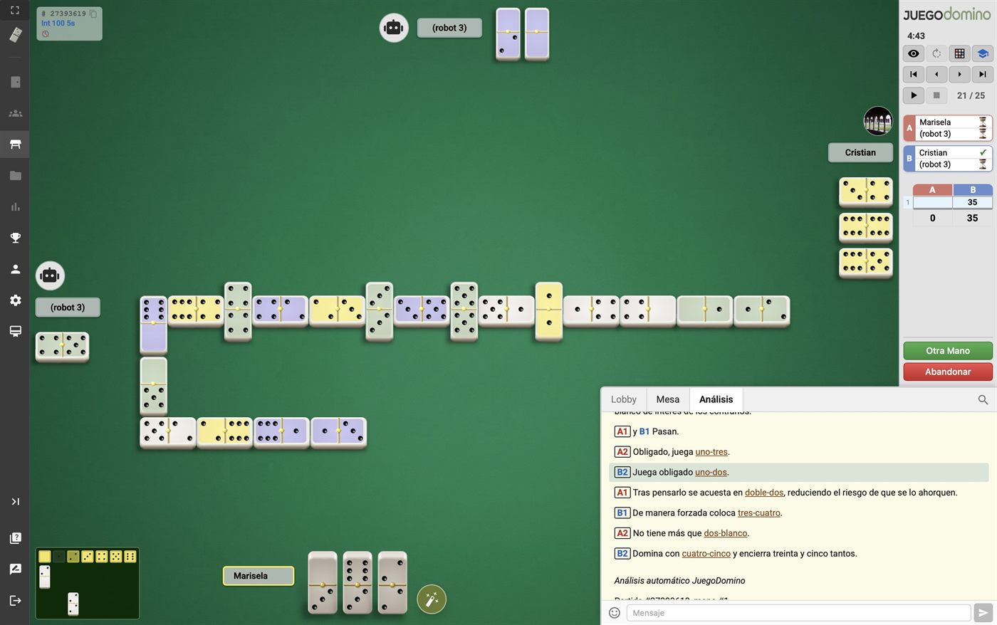 Análisis de una partida en JuegoDomino