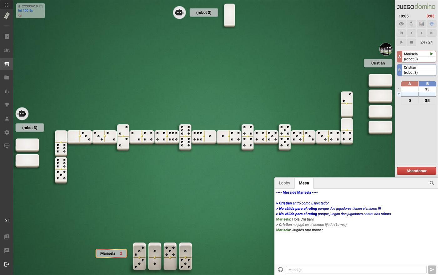 Partida de dominó en vivo en JuegoDomino